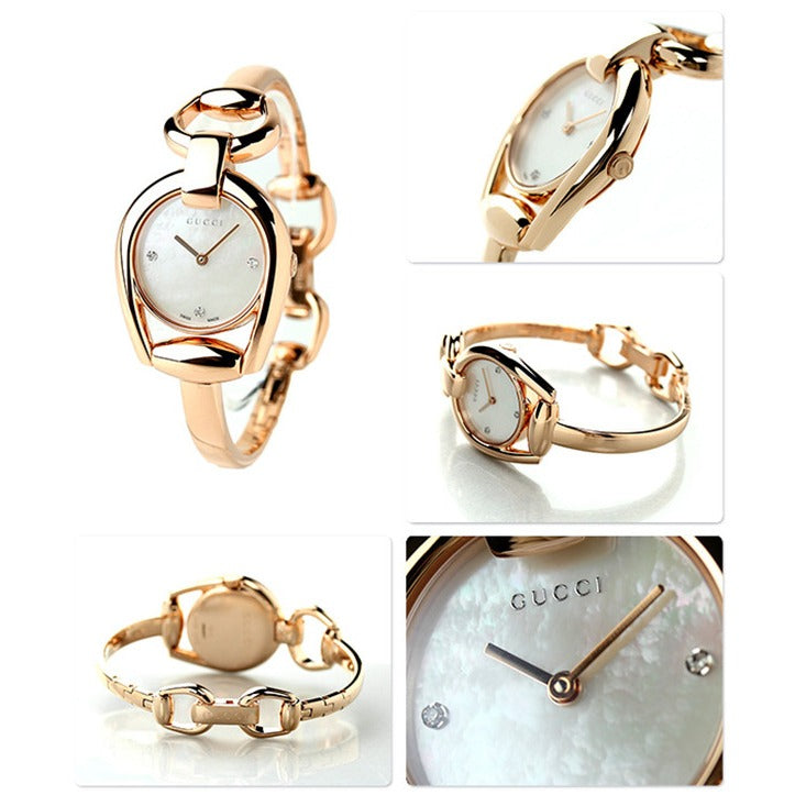  Shop Authentic Gucci Horsebit Collection Diamonds Mother of Pearl Dial Rose Gold Steel Strap Watch For Women - YA139508 - Luxxuri