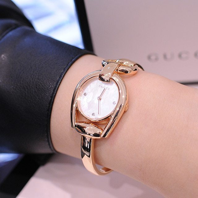  Shop Authentic Gucci Horsebit Collection Diamonds Mother of Pearl Dial Rose Gold Steel Strap Watch For Women - YA139508 - Luxxuri