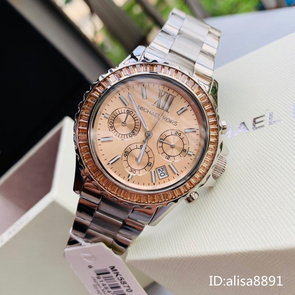  Shop Authentic Michael Kors Everest Chronograph Gold Dial Silver Steel Strap Watch For Women - MK5870 - Luxxuri