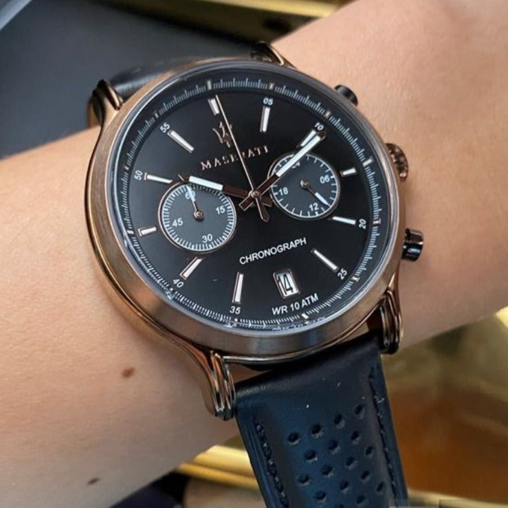  Shop Authentic Maserati Legend Chronograph Black Dial Black Leather Strap Watch For Men - R8871638001 - Luxxuri