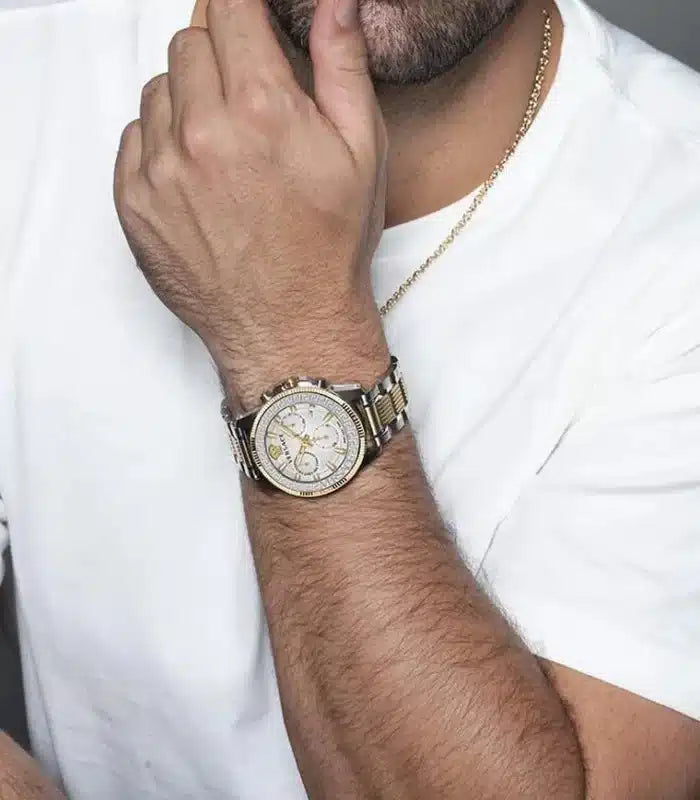  Shop Authentic Versace Greca Action Chronograph Quartz Silver Dial Two Tone Steel Strap Watch for Men - VE3J00522 - Luxxuri