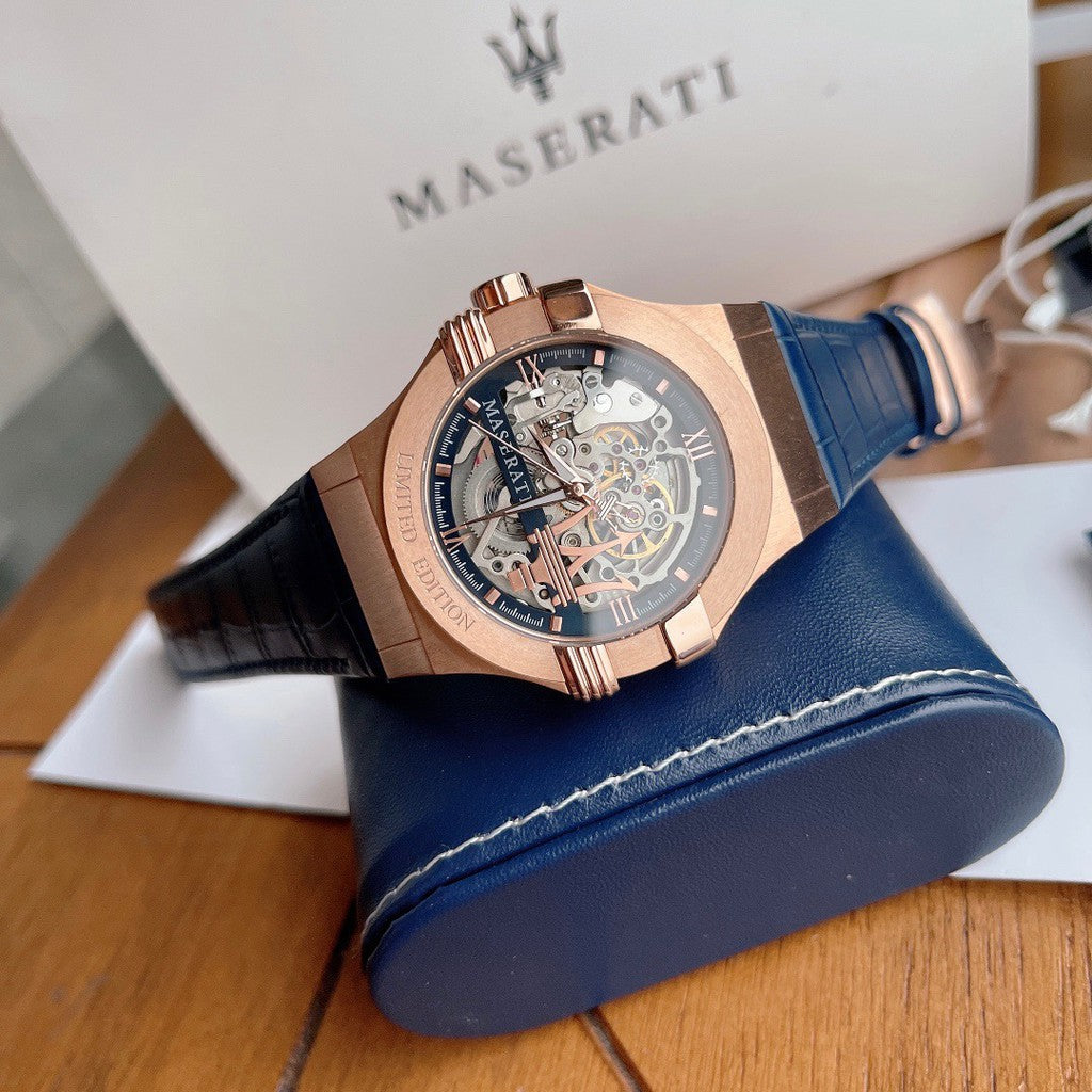  Shop Authentic Maserati Automatic Skeleton Dial Rose Gold Blue Leather Strap Watch For Men - R8821108022 - Luxxuri