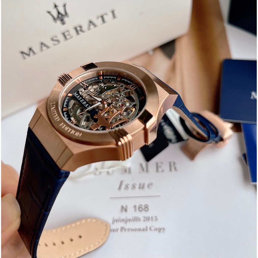  Shop Authentic Maserati Automatic Skeleton Dial Rose Gold Blue Leather Strap Watch For Men - R8821108022 - Luxxuri