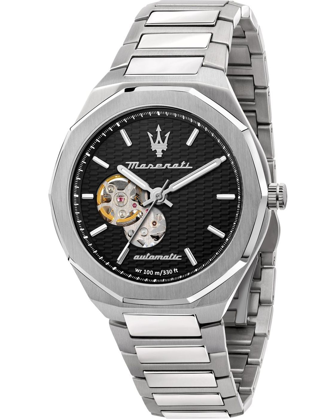 Maserati Stile Skeleton Automatic Black Dial Silver Steel Strap Watch For Men - R8823142002