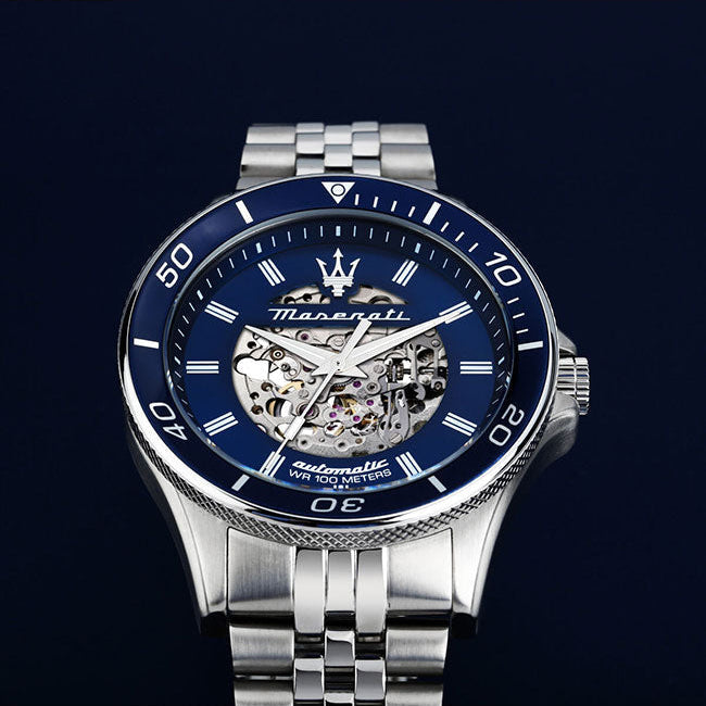  Shop Authentic Maserati SFIDA Automatic Skeleton Blue Dial Silver Steel Strap Watch For Men - R882314001 - Luxxuri
