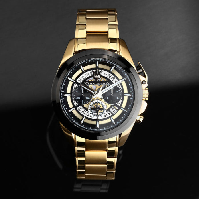  Shop Authentic Maserati Traguardo Skeleton Black Dial Gold Steel Strap Watch For Men - R8873612058 - Luxxuri