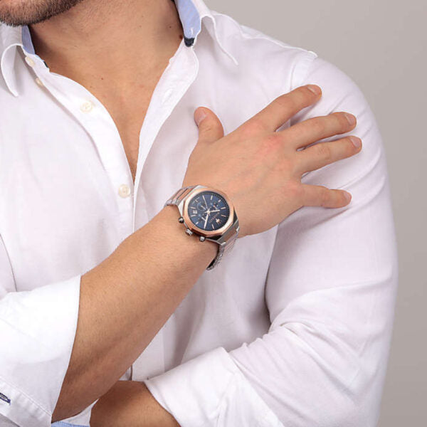 Maserati Stile Chronograph Blue Dial Rose Gold Two Tone Strap Watch For Men - R8873642002