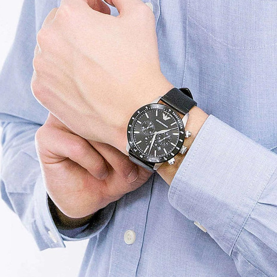  Shop Authentic Emporio Armani Mario Chronograph Black Dial Black Leather Strap Watch For Men - AR11243 - Luxxuri