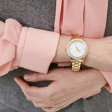  Shop Authentic Michael Kors Liliane Mother of Pearl White Dial Gold Steel Strap Watch For Women - MK4555 - Luxxuri