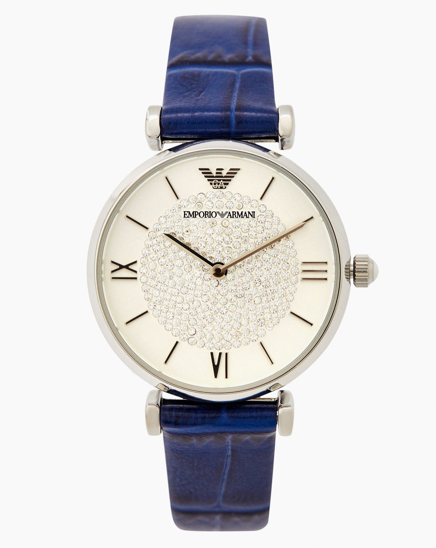  Shop Authentic Emporio Armani Gianni T Bar Quartz Crystals Silver Dial Blue Leather Strap Watch For Women - AR11344 - Luxxuri