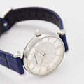  Shop Authentic Emporio Armani Gianni T Bar Quartz Crystals Silver Dial Blue Leather Strap Watch For Women - AR11344 - Luxxuri