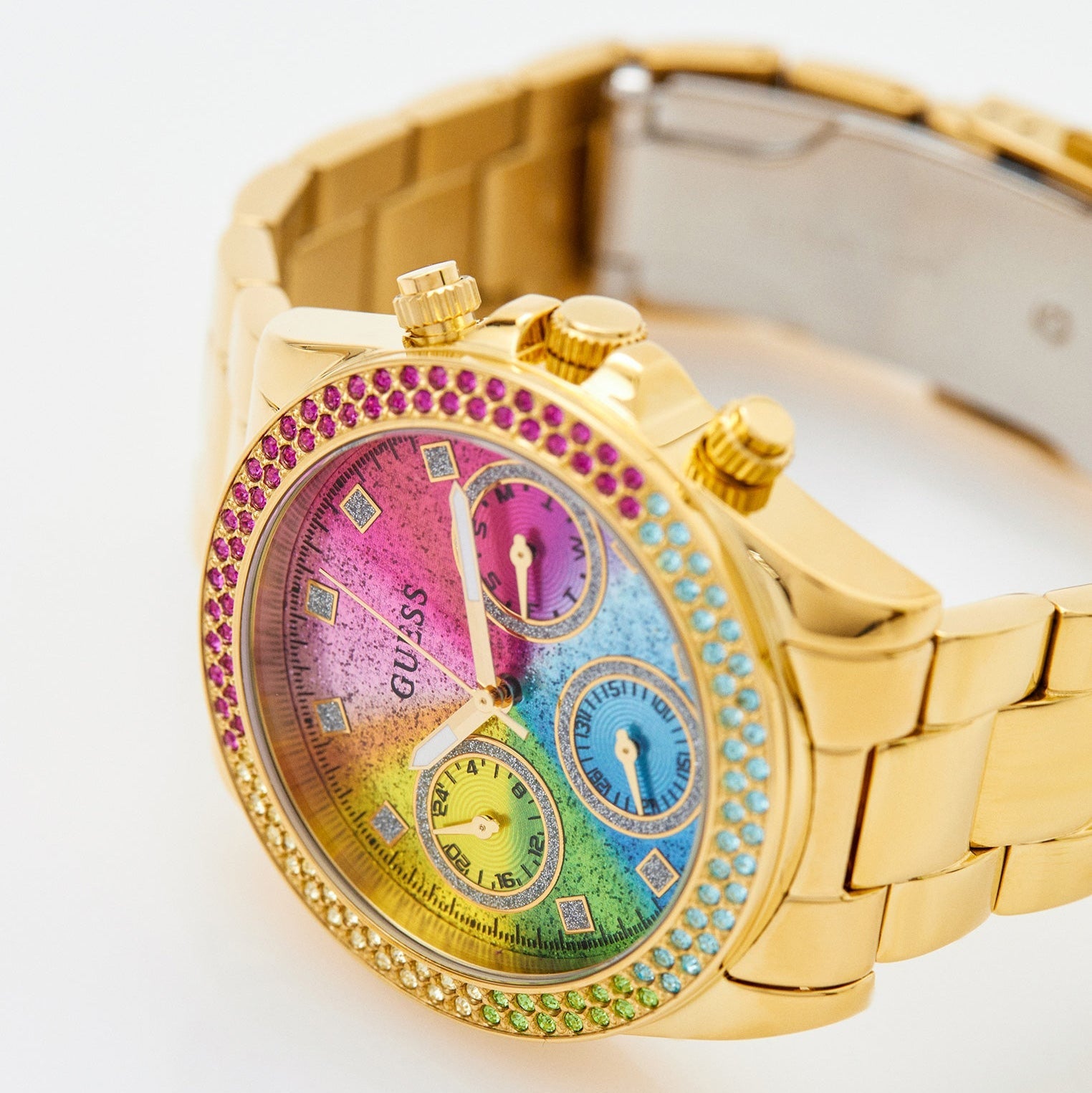 Guess Confetti Chronograph Rainbow Dial Gold Steel Strap Watch For Women  - GW0483L4