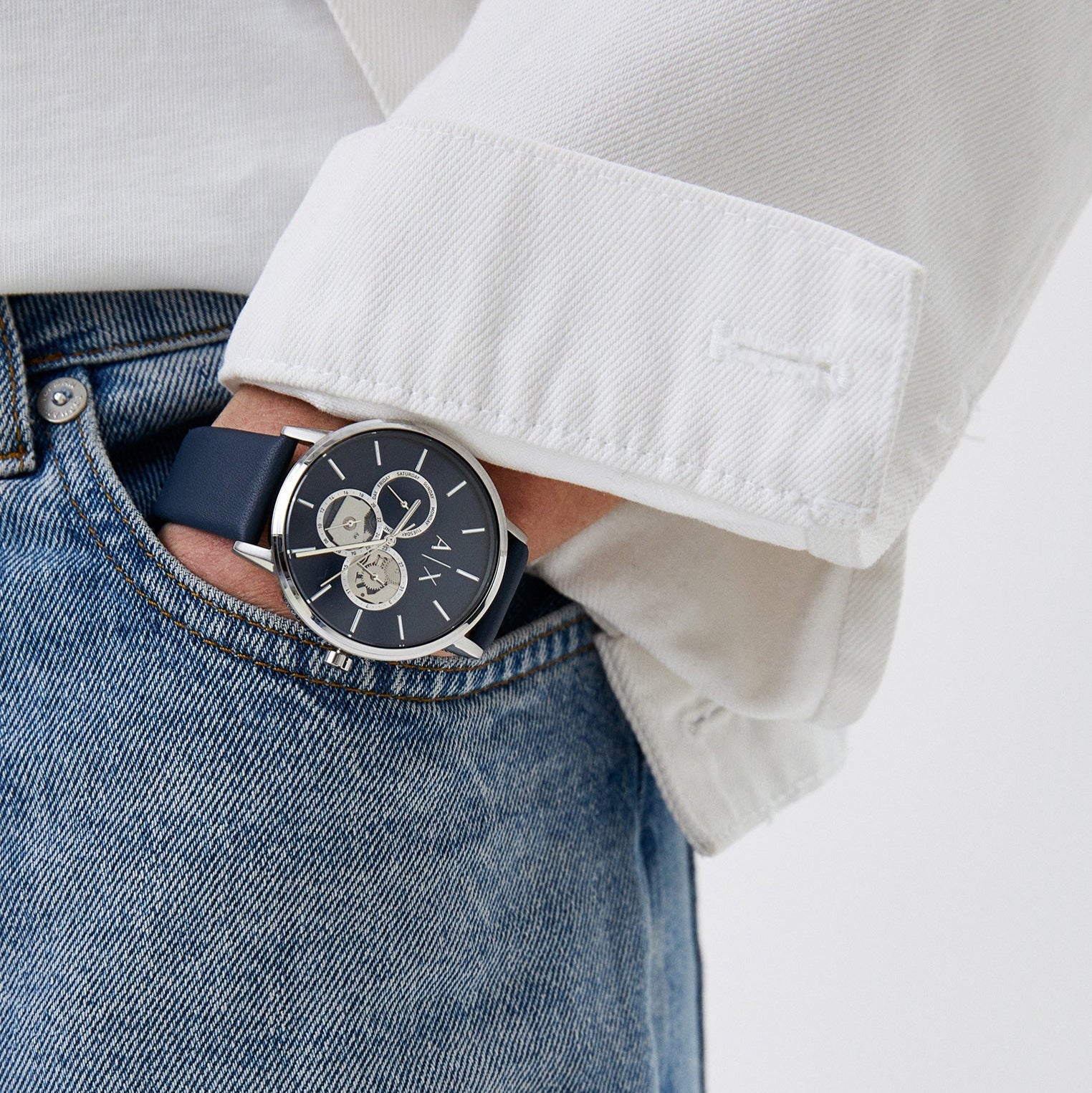  Shop Authentic Armani Exchange Cayde Chronograph Blue Dial Blue Leather Strap Watch for Men - AX2746 - Luxxuri