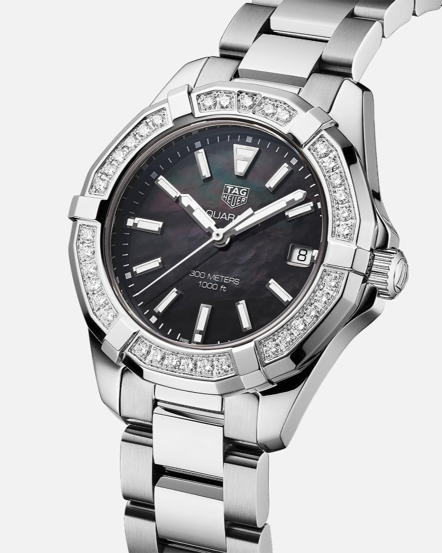  Shop Authentic Tag Heuer Aquaracer Quartz Diamonds Black Dial Silver Steel Strap Watch for Women - WAY131P.BA0748 - Luxxuri