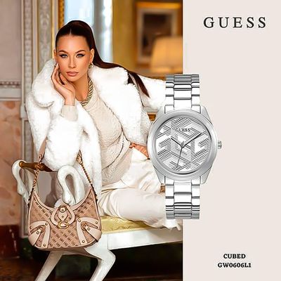 Guess Cubed Analog Silver Dial Silver Steel Strap Watch For Women - GW0606L1