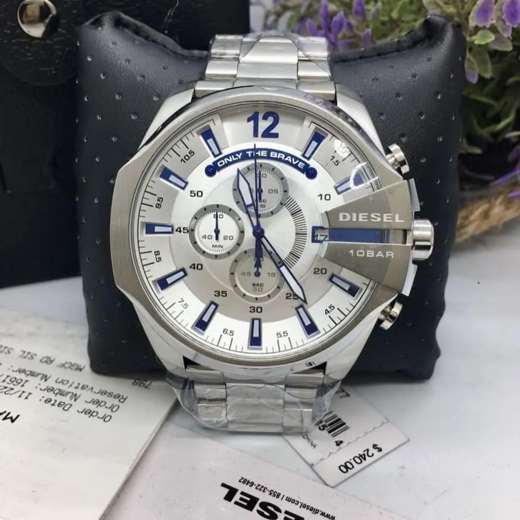  Shop Authentic Diesel Mega Chief Chronograph Silver Dial Silver Steel Strap Watch For Men - DZ4477 - Luxxuri