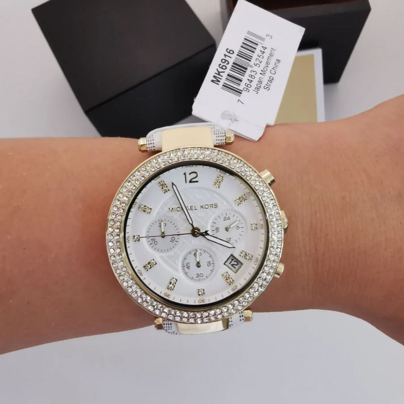  Shop Authentic Michael Kors Parker Chronograph White Dial White Leather Strap Watch For Women - MK6916 - Luxxuri