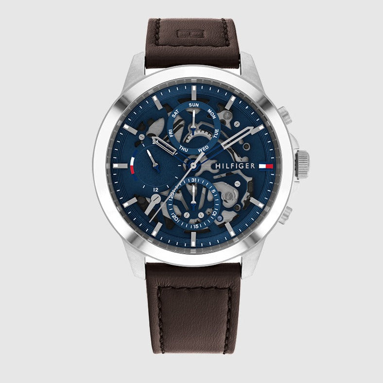  Shop Authentic Tommy Hilfiger Henry Chronograph Blue Dial Brown Leather Strap Watch For Men -1710476 - Luxxuri