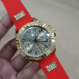  Shop Authentic Guess Frontier Diamonds Gold Dial Red Rubber Strap Watch for Women - GW0045L2 - Luxxuri