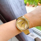  Shop Authentic Guess Tri Glitz Quartz Diamonds Gold Dial Gold Mesh Bracelet Watch For Women - W1142L2 - Luxxuri