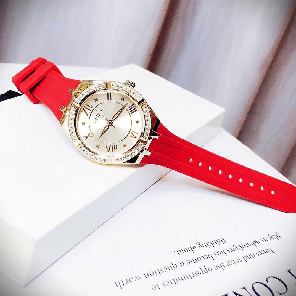 Shop Authentic Guess Cosmo Diamonds Gold Dial Red Rubber Strap Watch for Women - GW0034L6 - Luxxuri
