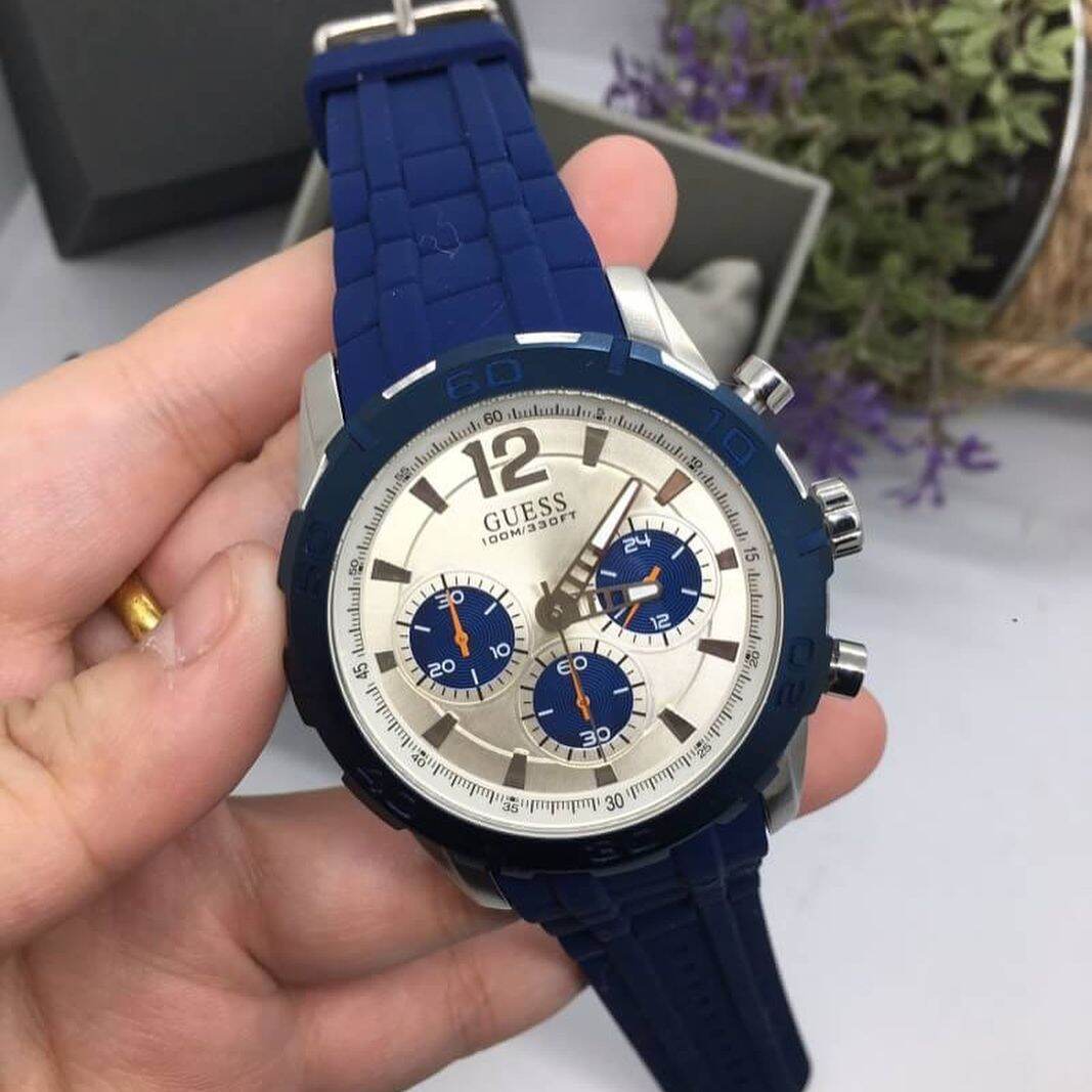  Shop Authentic Guess Caliber Chronograph White Dial Blue Rubber Strap Watch for Men - W0864G6 - Luxxuri