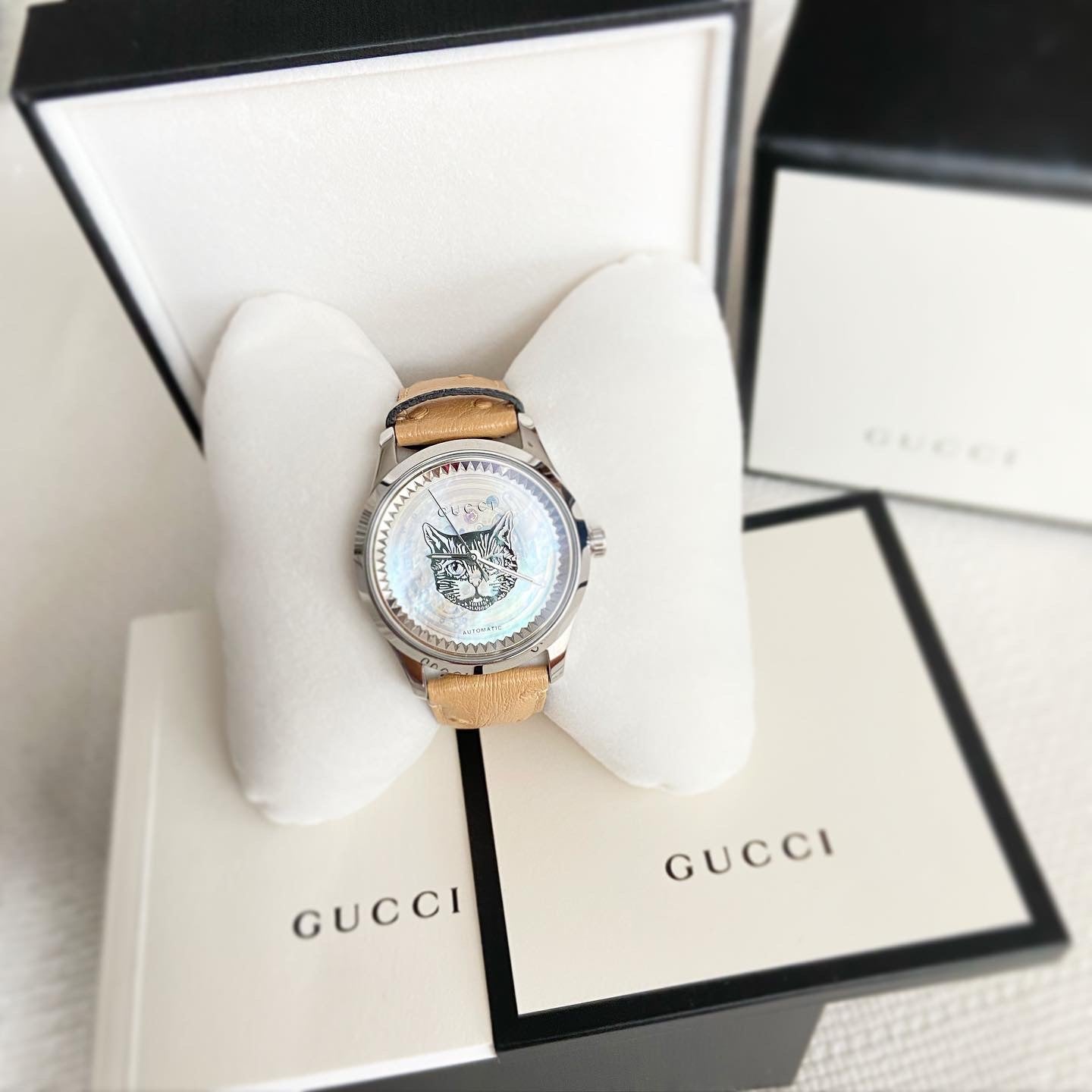  Shop Authentic Gucci G Timeless Automatic Mother of Pearl Dial Brown Leather Strap Watch For Women - YA1264112 - Luxxuri