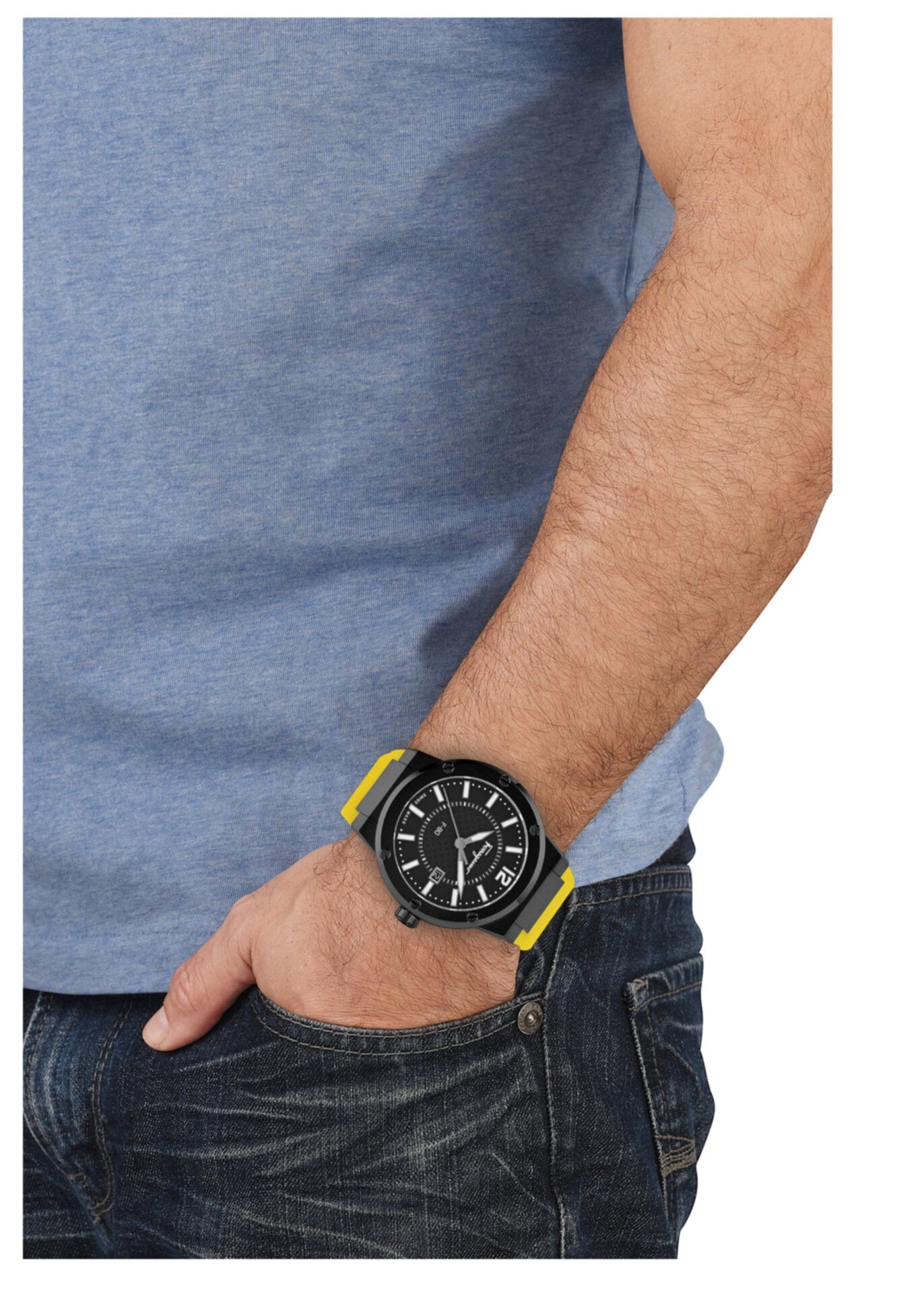 Salvatore Ferragamo F-80 Classic Black Dial Yellow Rubber Strap Watch for Men - SFHY01522