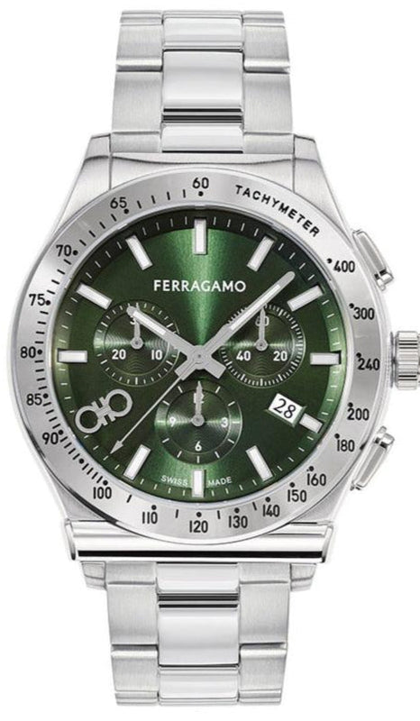  Shop Authentic Salvatore Ferragamo 1927 Chrono Green Dial Silver Steel Strap Watch for Men - SFKZ00423 - Luxxuri