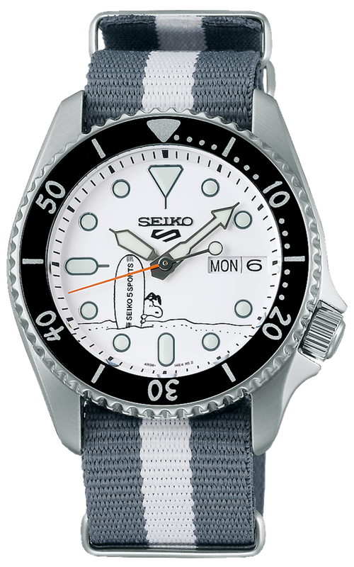  Shop Authentic Seiko 5 Sports x Peanuts Surfboard Snoopy Limited Edition White Dial Two Tone NATO Strap Watch For Men - SRPK25K1 - Luxxuri