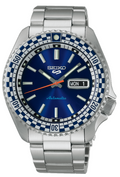Seiko 5 Sports Petrol Blue Checker Flag Special Edition Blue Dial Silver Steel Strap Watch For Men - SRPK65K1