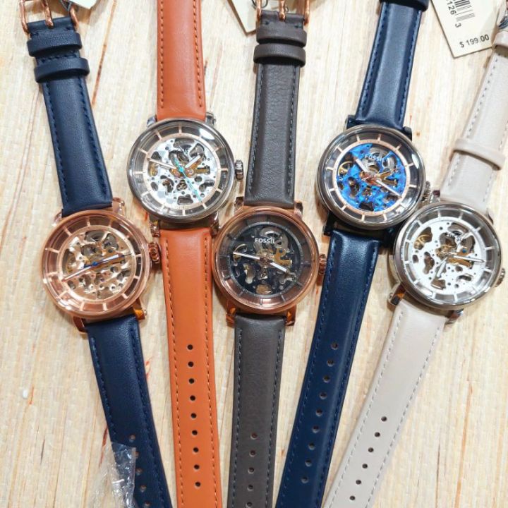  Shop Authentic Fossil Boyfriend Automatic Skeleton Silver Dial Brown Leather Strap Watch for Women - ME3109 - Luxxuri