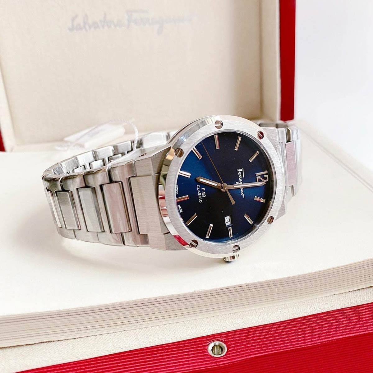  Shop Authentic Salvatore Ferragamo F-80 Classic Blue Dial Silver Steel Strap Watch for Men - SFDT01320 - Luxxuri