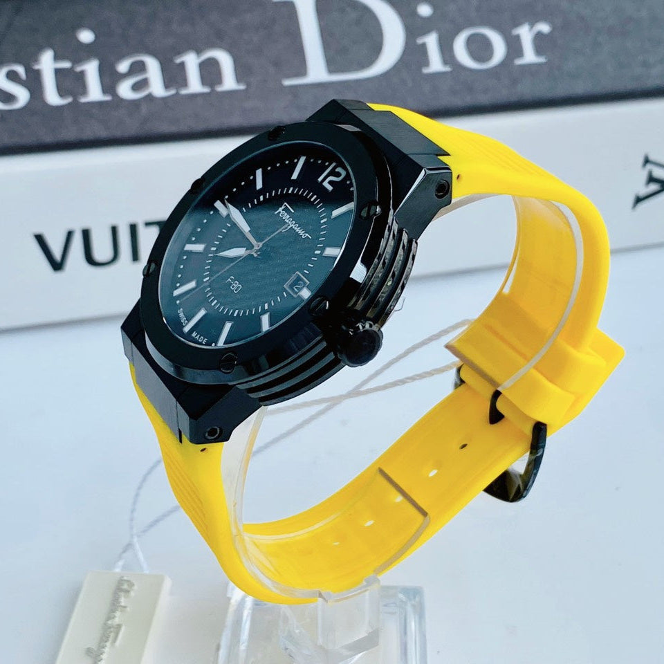  Shop Authentic Salvatore Ferragamo F-80 Classic Black Dial Yellow Rubber Strap Watch for Men - SFHY01522 - Luxxuri