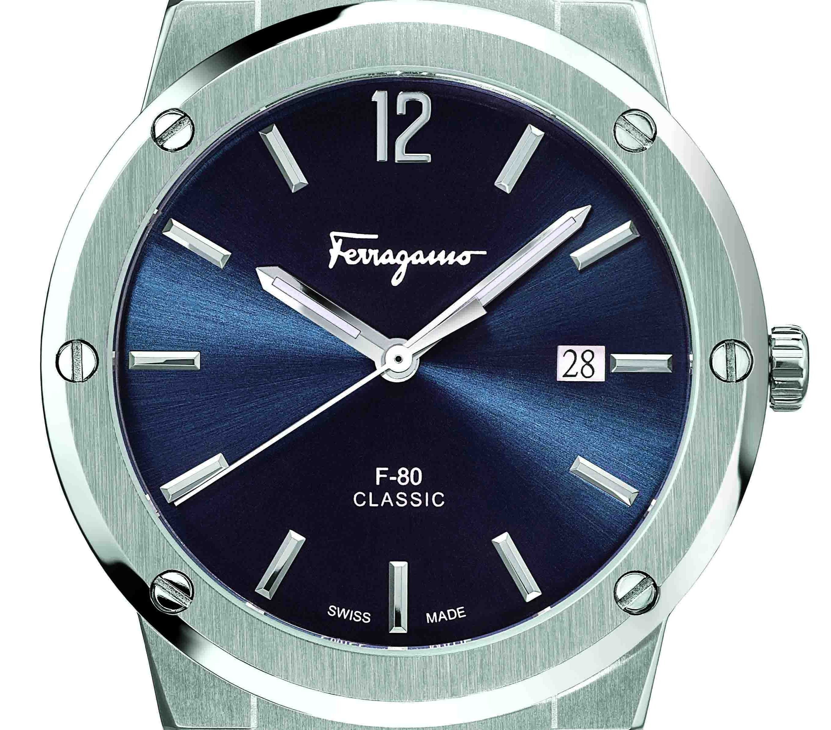 Salvatore Ferragamo F-80 Classic Blue Dial Silver Steel Strap Watch for Men - SFDT01320