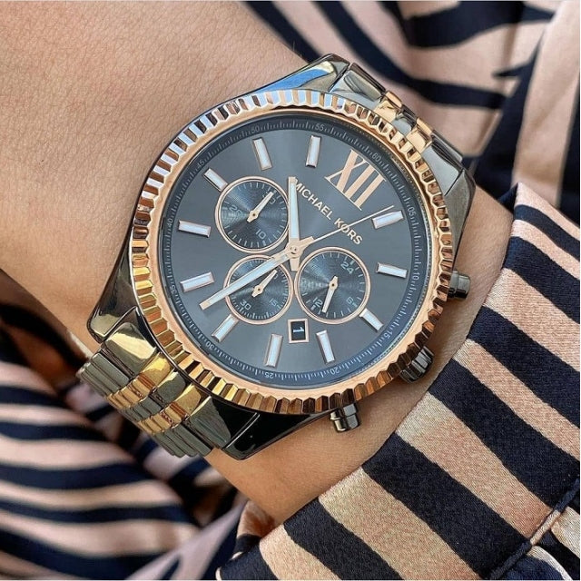 Michael Kors Lexington Chronograph Black Dial Two Tone Steel Strap Watch for Men - MK8561