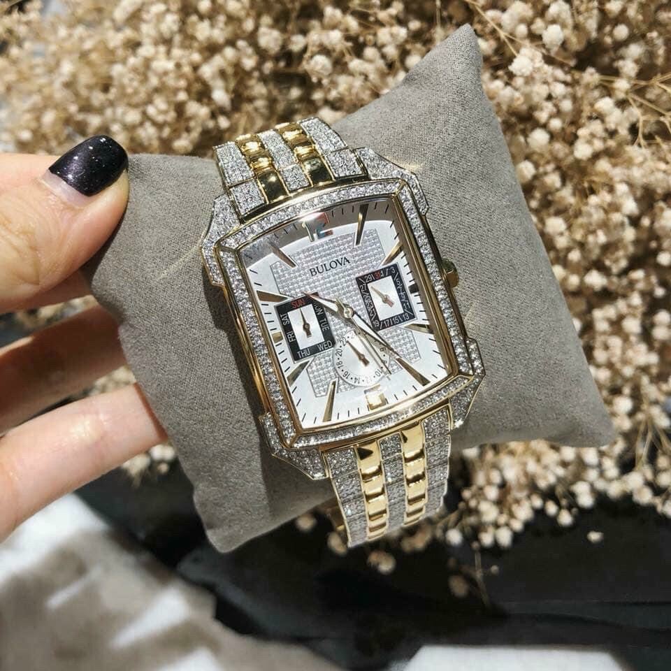  Shop Authentic Bulova Crystal Chronograph White Dial Two Tone Steel Strap Watch for Men - 98C109 - Luxxuri