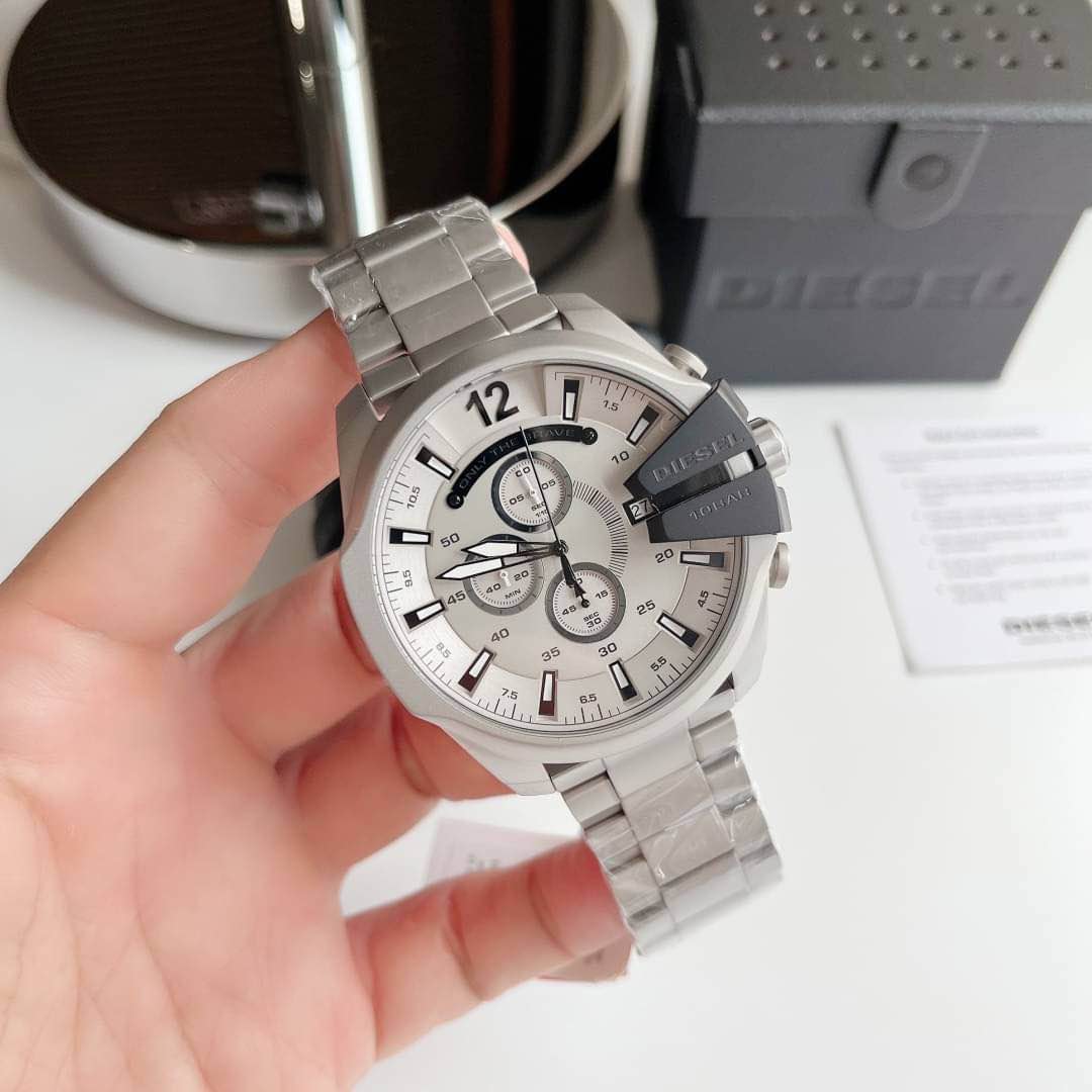  Shop Authentic Diesel Mega Chief Chronograph Silver Dial Silver Steel Strap Watch For Men - DZ4501 - Luxxuri