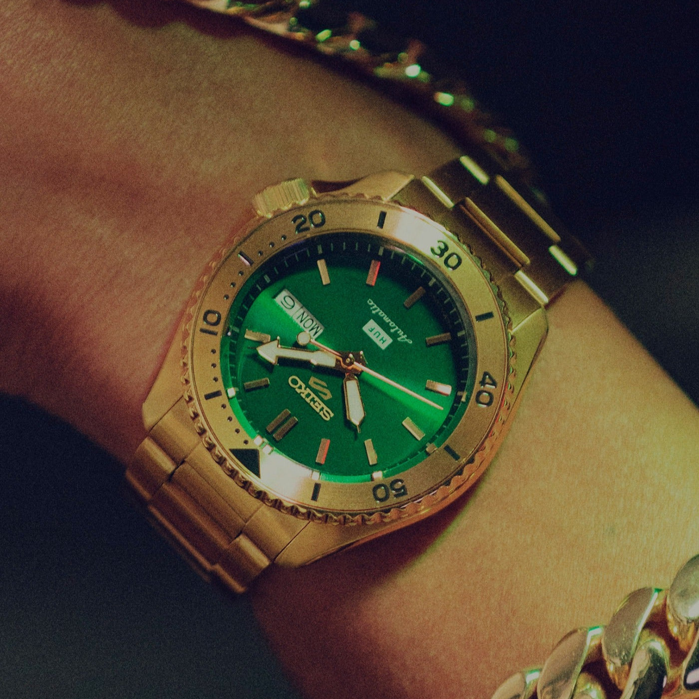  Shop Authentic Seiko 5 Sports HUF Limited Edition Green Dial Gold Steel Strap Watch For Men - SRPJ20 - Luxxuri