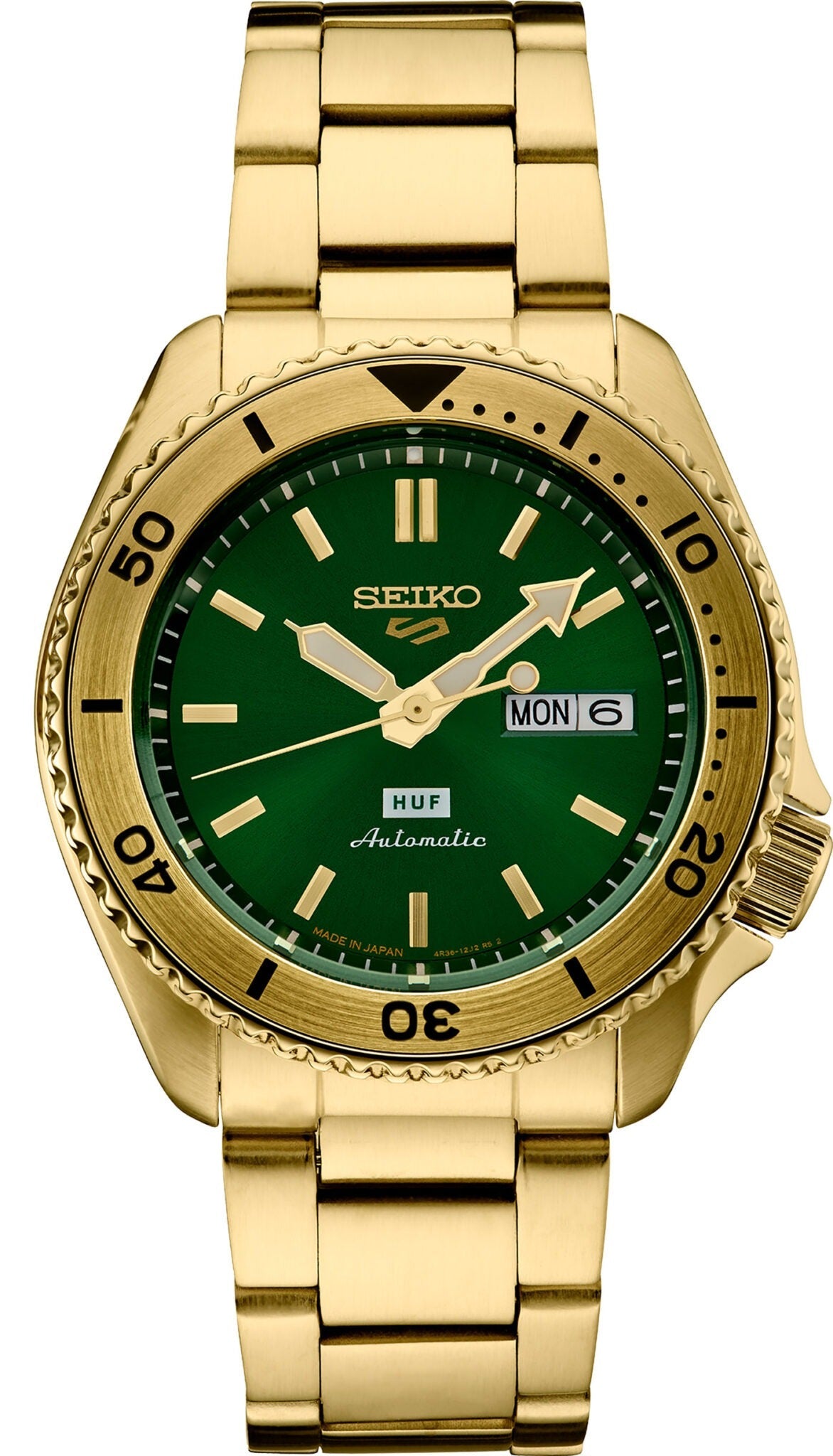  Shop Authentic Seiko 5 Sports HUF Limited Edition Green Dial Gold Steel Strap Watch For Men - SRPJ20 - Luxxuri
