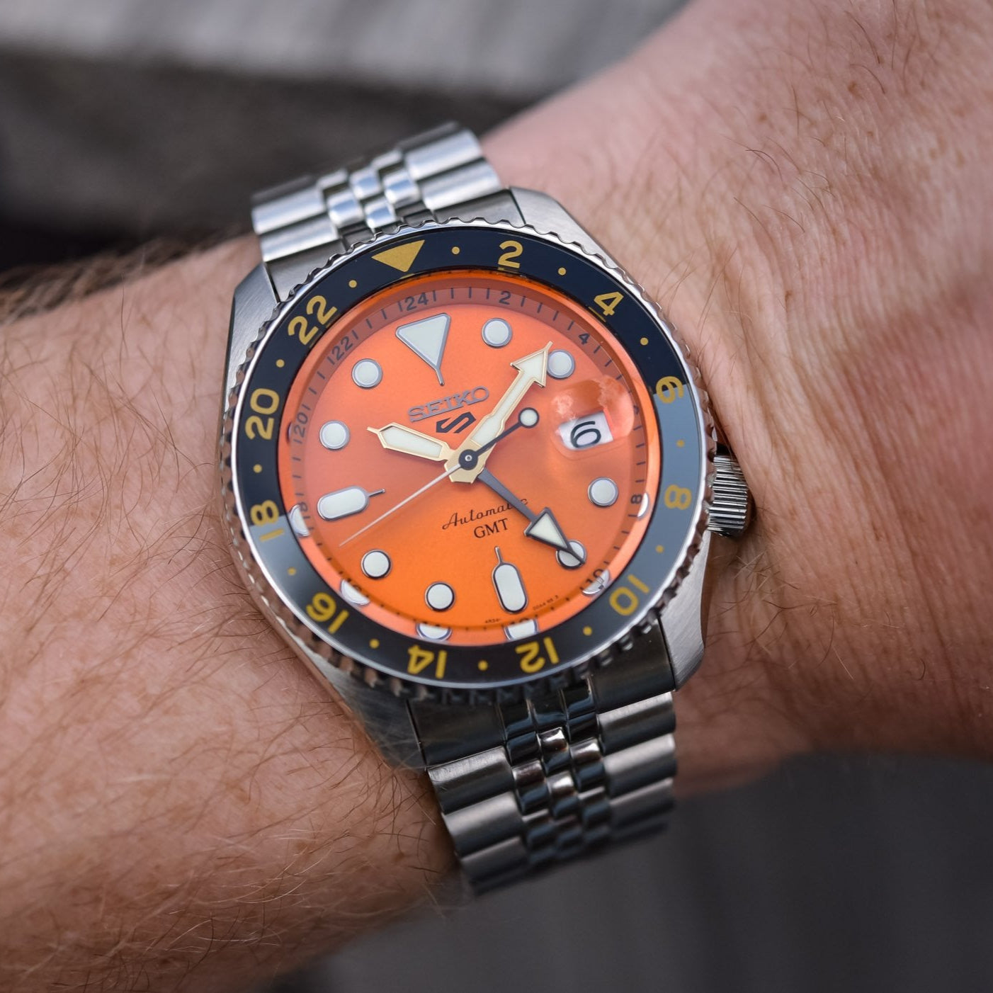  Shop Authentic Seiko 5 Sports GMT Automatic Orange Dial Silver Steel Strap Watch For Men - SSK005K1 - Luxxuri