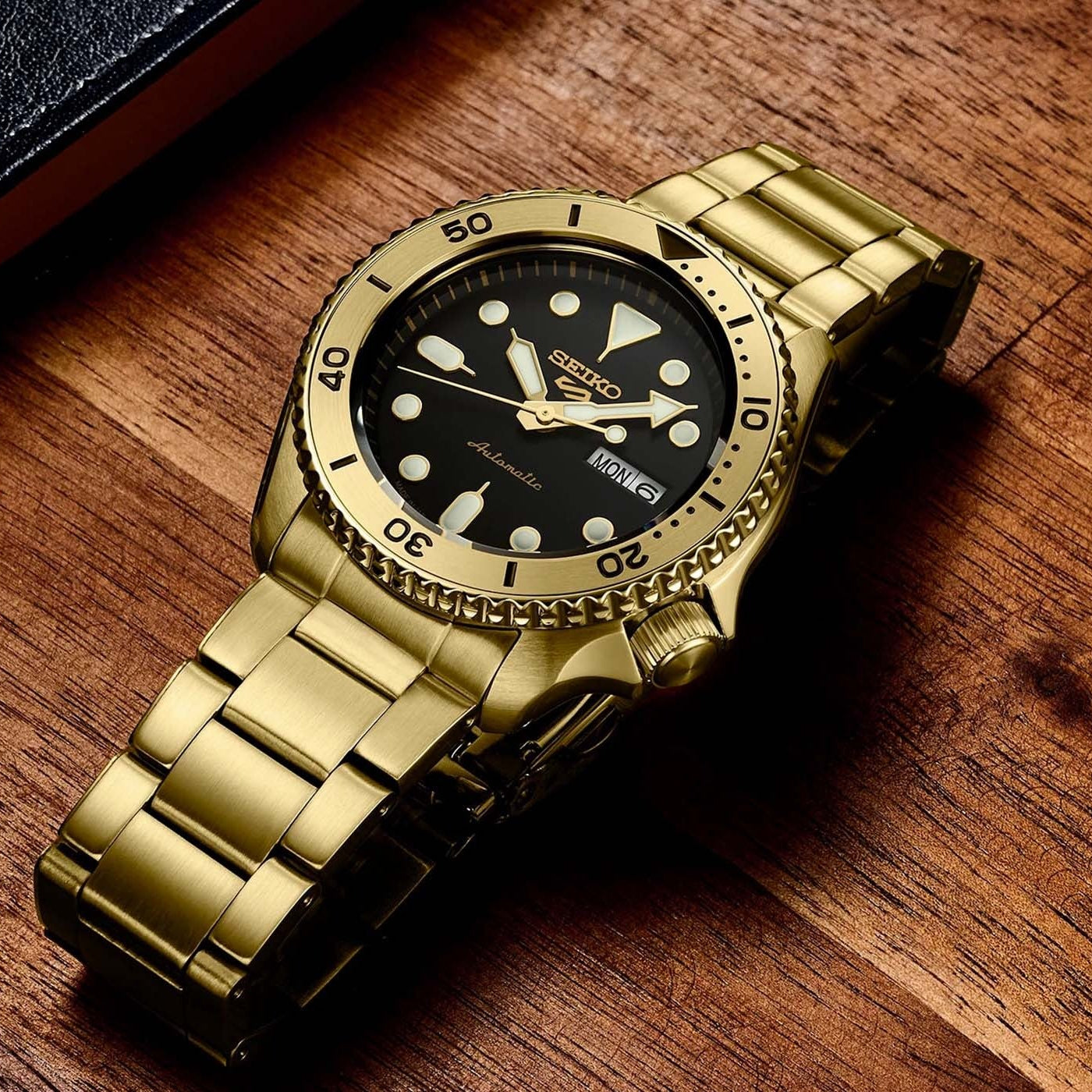  Shop Authentic Seiko 5 Sports Automatic Black Dial Gold Steel Strap Watch For Men - SRPK18 - Luxxuri