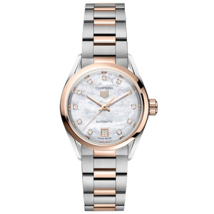  Shop Authentic Tag Heuer Carrera Date Automatic Mother of Pearl Dial Two Tone Steel Strap Watch for Women - WBN2450.BD0569 - Luxxuri