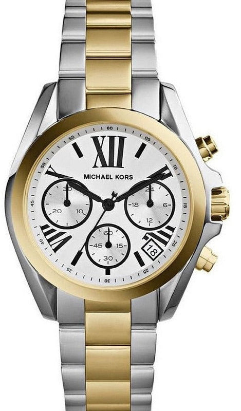  Shop Authentic Michael Kors Bradshaw Chronograph Silver Dial Two Tone Steel Strap Watch For Women - MK5855 - Luxxuri