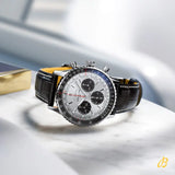  Shop Authentic Breitling Navitimer B01 Chronograph 43 Silver Dial Black Leather Strap Watch for Men - AB0138241G1P1 - Luxxuri