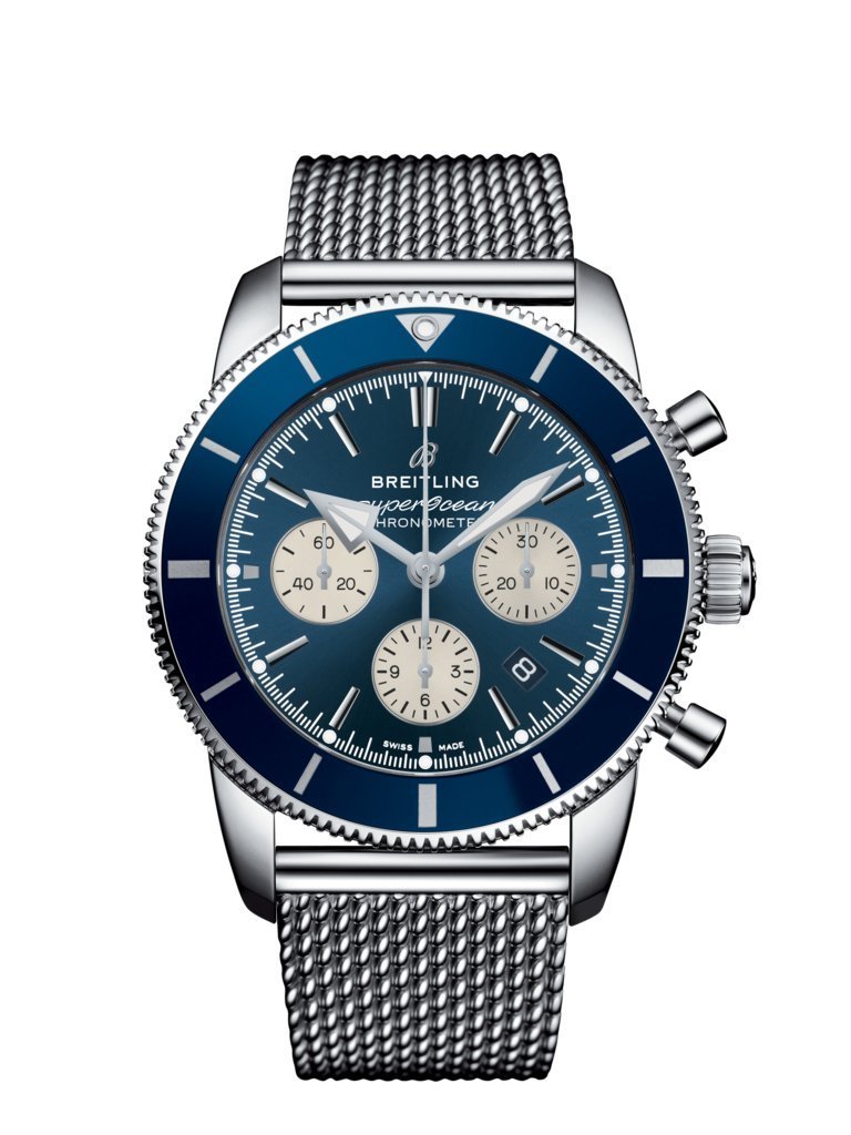 Shop Authentic Breitling Superocean Heritage B01 Chronograph 44 Blue Dial Silver Mesh Bracelet Watch for Men - AB0162161C1A1 - Luxxuri