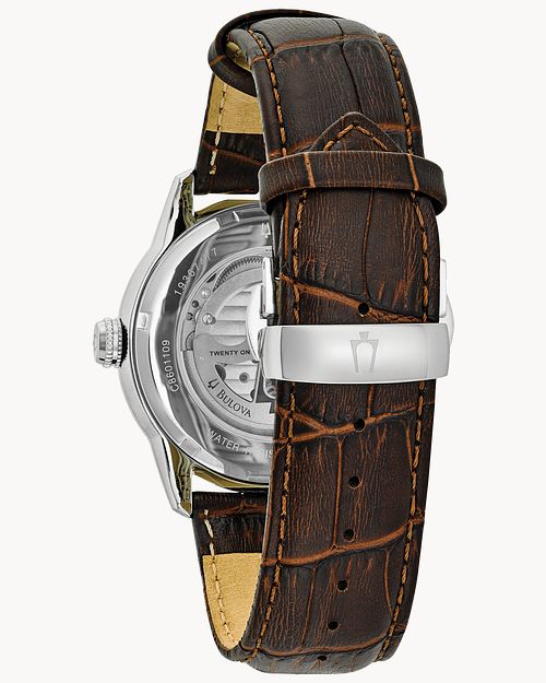  Shop Authentic Bulova Classic Skeleton Automatic Brown Dial Brown Leather Strap Watch for Men - 96A120 - Luxxuri