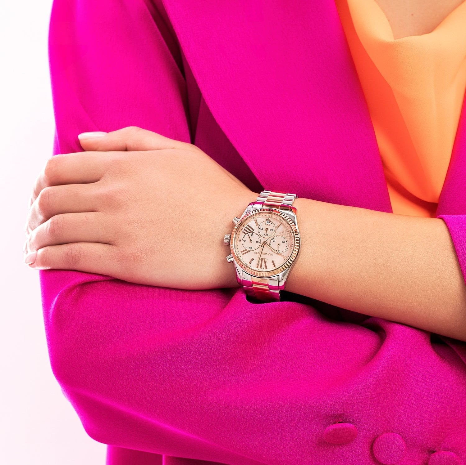  Shop Authentic Michael Kors Lexington Chronograph Rose Gold Dial Two Tone Steel Strap Watch For Women - MK7219 - Luxxuri