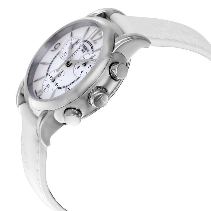  Shop Authentic Tissot Dressport Chronograph Mother of Pearl Dial White Leather Strap Watch for Women - T050.217.17.117.00 - Luxxuri
