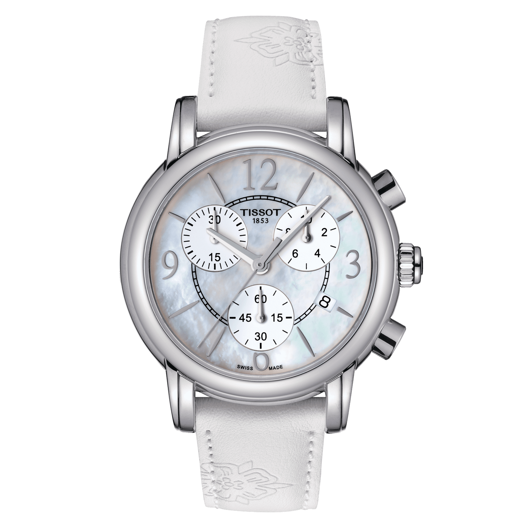  Shop Authentic Tissot Dressport Chronograph Mother of Pearl Dial White Leather Strap Watch for Women - T050.217.17.117.00 - Luxxuri